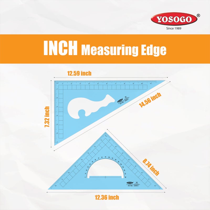 Yosogo Pack of 2 Large Transparent Triangle Ruler Set Square: 12 Inch- 30/60 Degree & 9 inch 45/90 Degree | Essential for School and Work use (Inch Scale) - Image 5